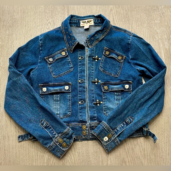 Wayne Rogers Jackets & Blazers - Wayne Rogers Denim Jacket Medium Eagle Back Grommet Toggle Moto Western Y2K